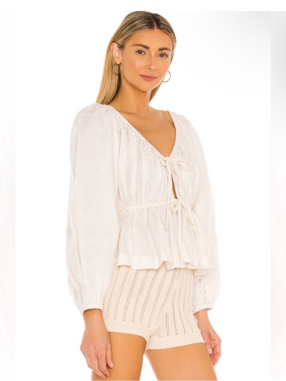 LPA Lawson Women's Cream Double Tie-Front Blouse Puff Sleeves Size Small